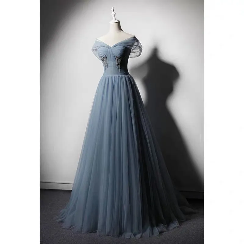 Grey-Blue Tulle Off Shoulder Beaded Long Prom Dress Party Dress, Long Evening Gowns