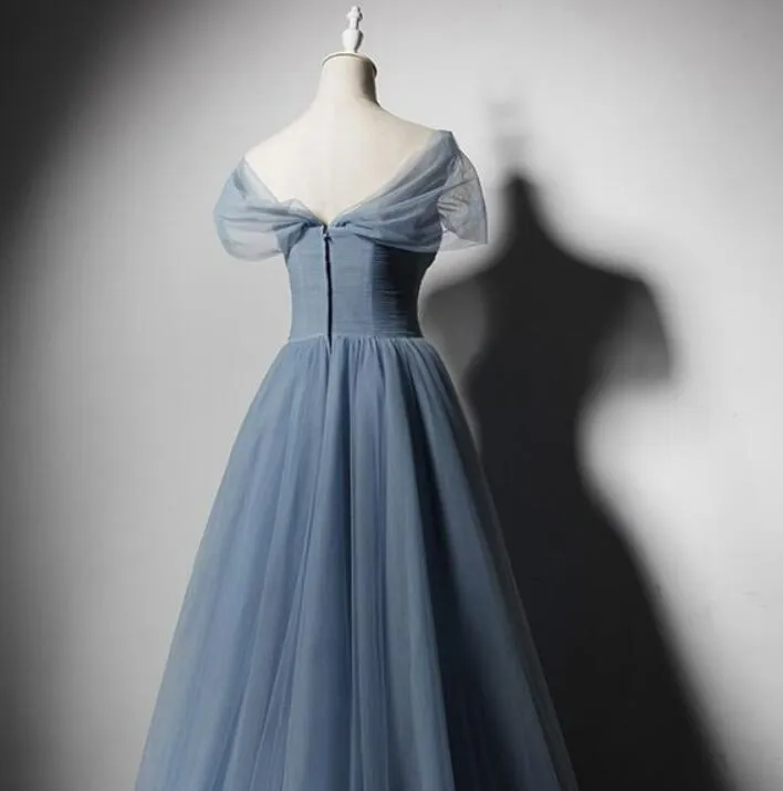 Grey-Blue Tulle Off Shoulder Beaded Long Prom Dress Party Dress, Long Evening Gowns