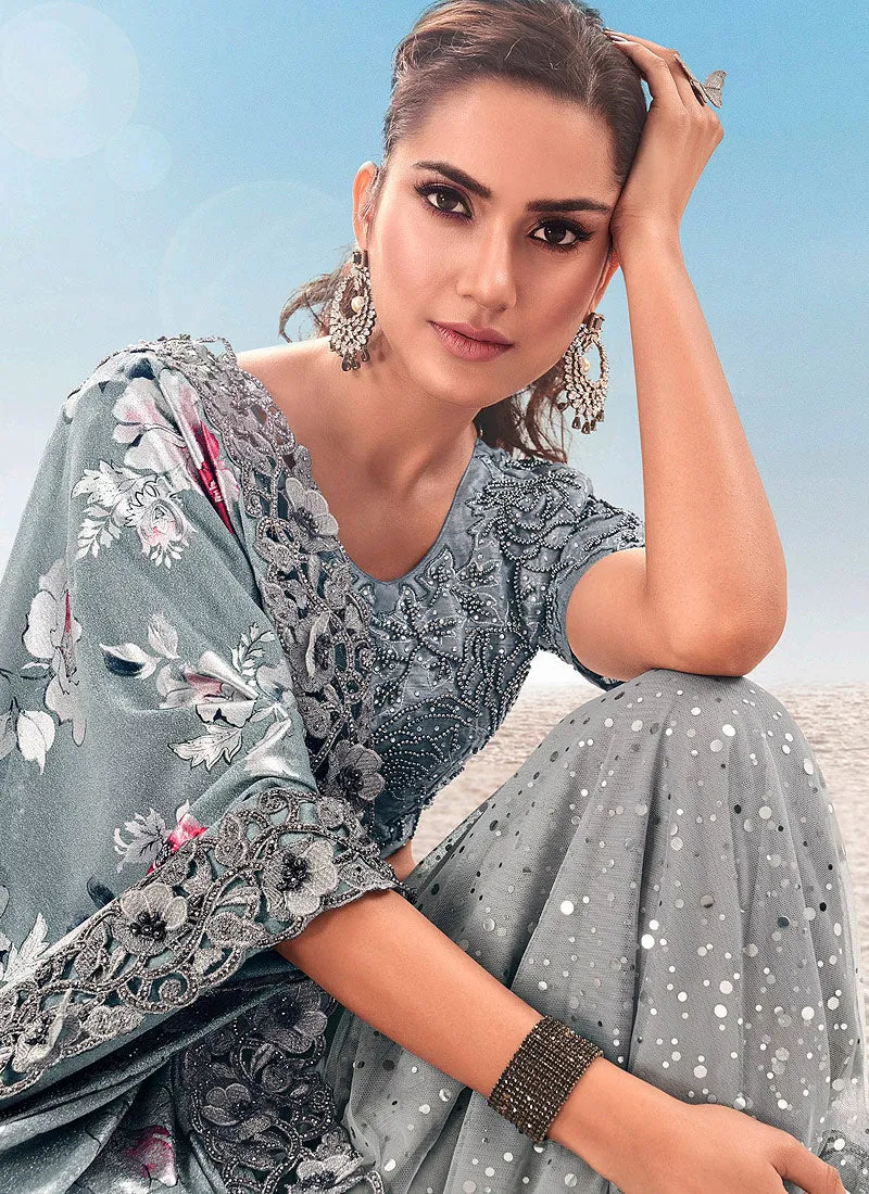 Grey Floral Embroidered Saree