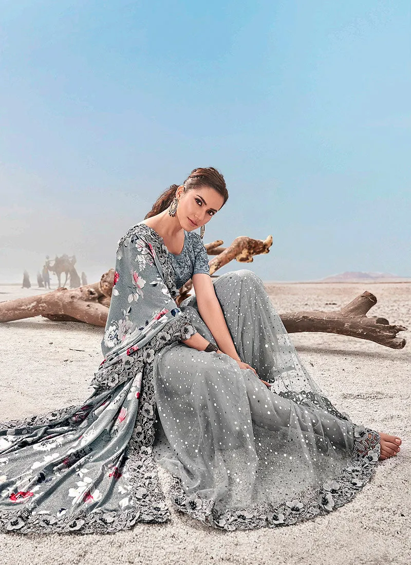 Grey Floral Embroidered Saree