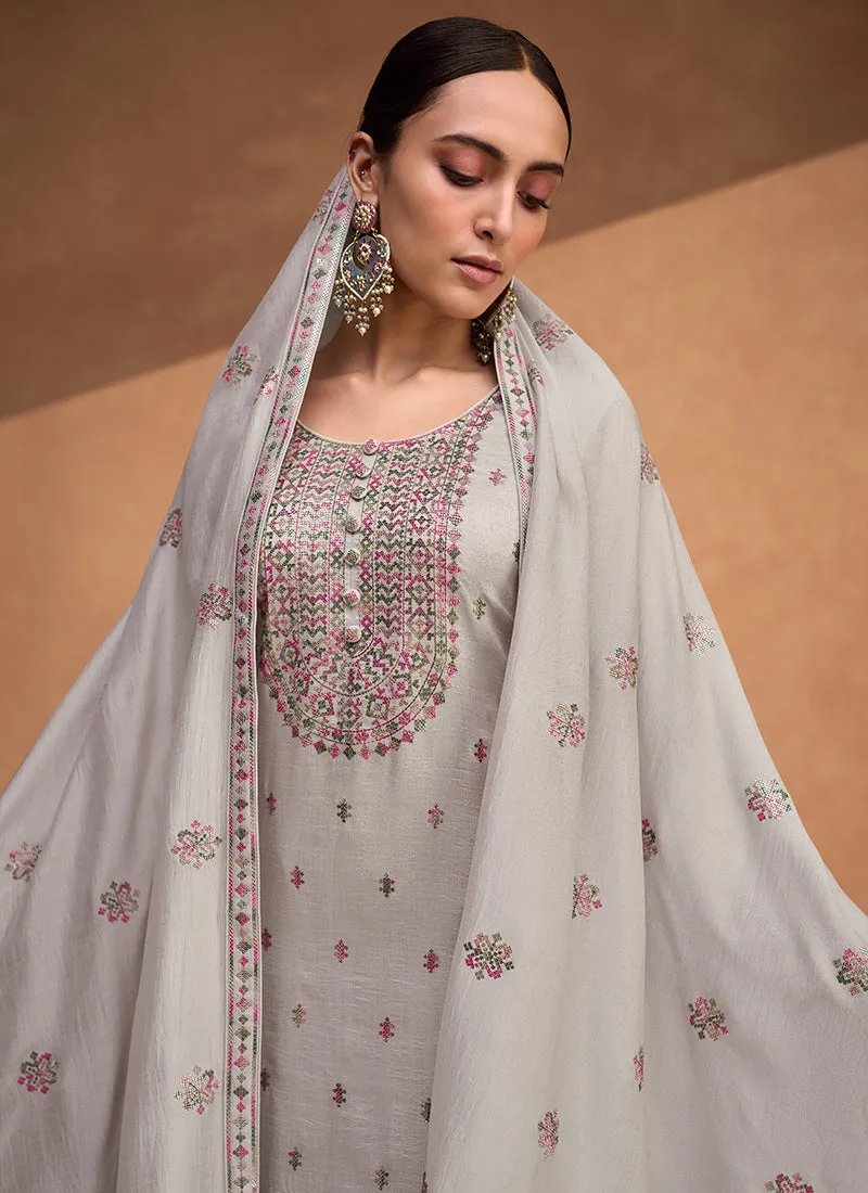 Grey Kashida Embroidery Traditional Salwar Kameez