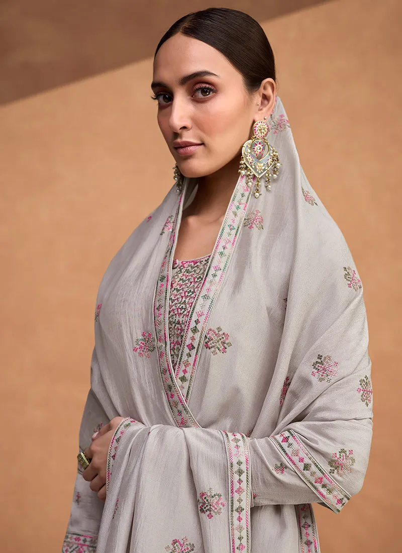 Grey Kashida Embroidery Traditional Salwar Kameez