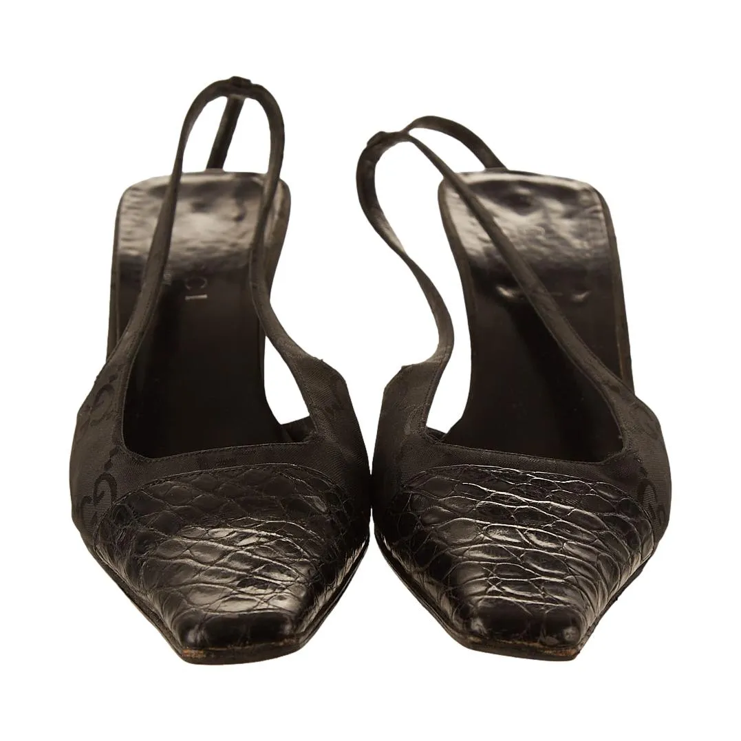 Gucci Black Logo Rhinestone Slingback Heels