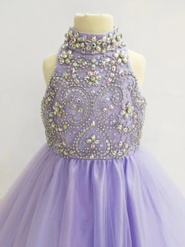 Halter Beaded Bodice Flower Girl Lilac Pageant Dress