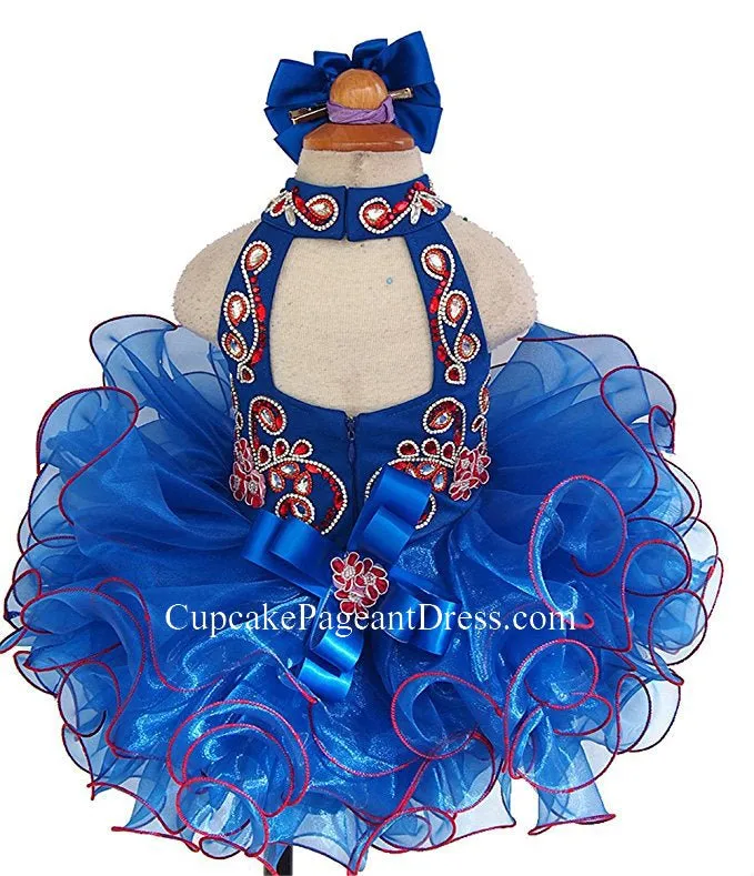 Halter Beaded Bodice Nations Infant/toddler/Little Girl/Baby Girl Glitz Pageant Dress with Hair Bow