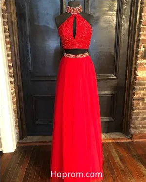 Halter Two Pieces Red Prom Dresses 2018 Beaded Evening Dresses