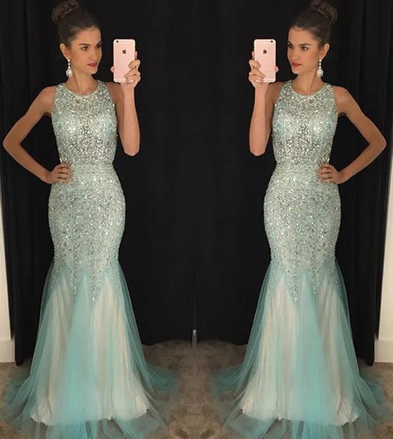 Heavy Beaded Shinning Open Back Mermaid Sexy Long Prom Dresses, BG51218