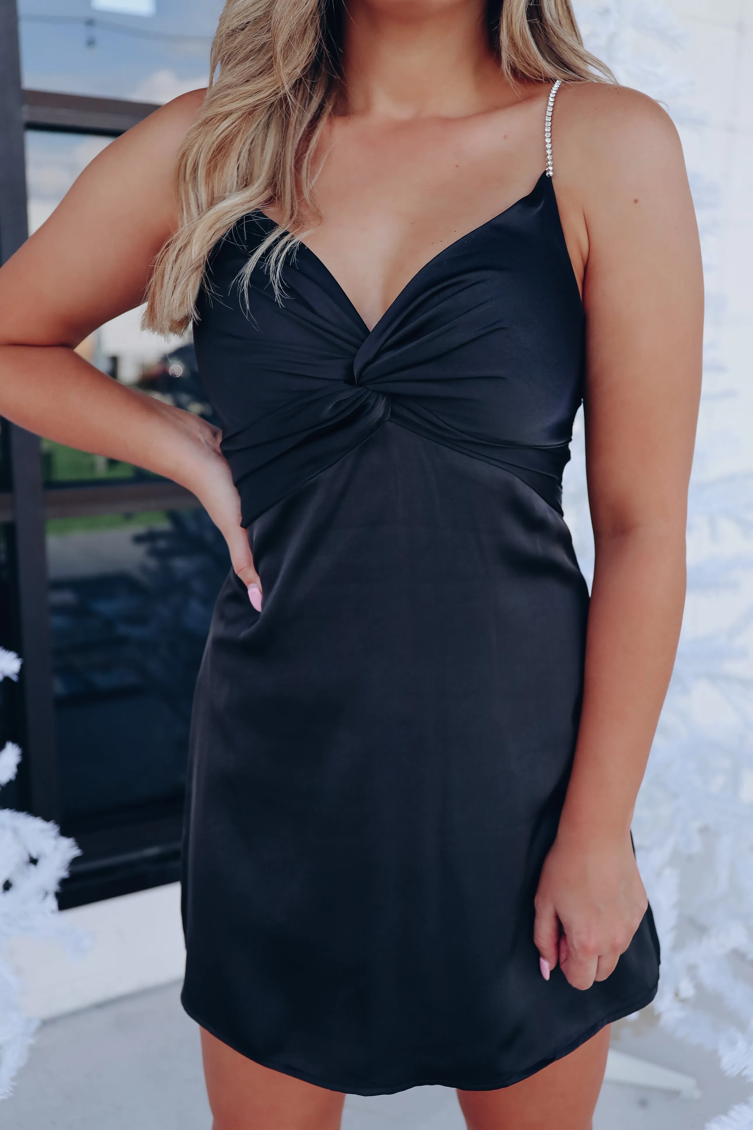 Heiress Rhinestone Strap Mini Dress - Black