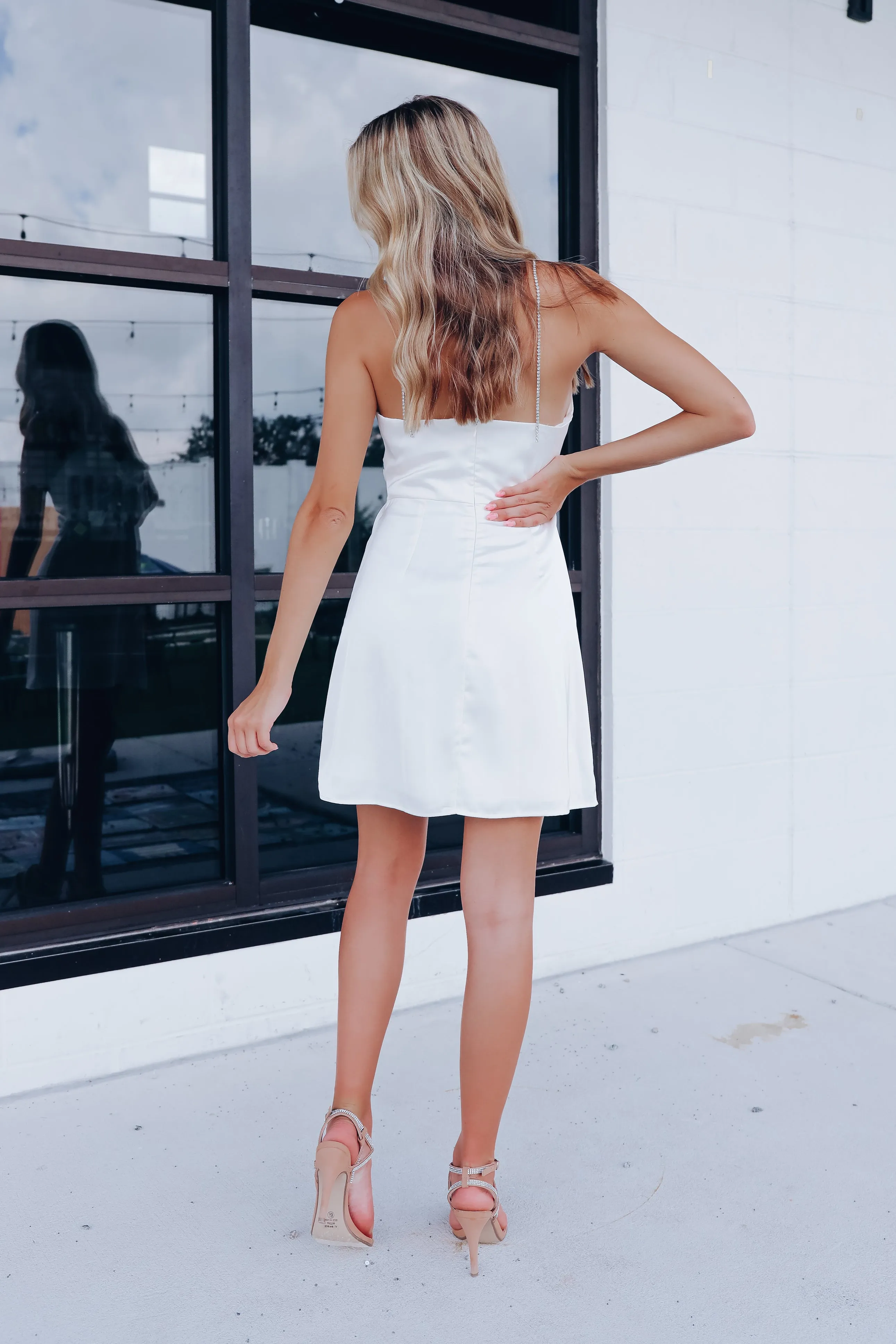 Heiress Rhinestone Strap Mini Dress - White