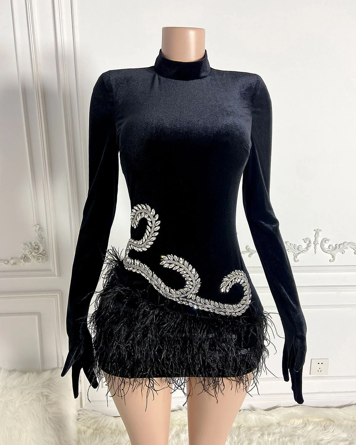 High Neck Diamente Embellished Mini Bodycon Dress HT3000