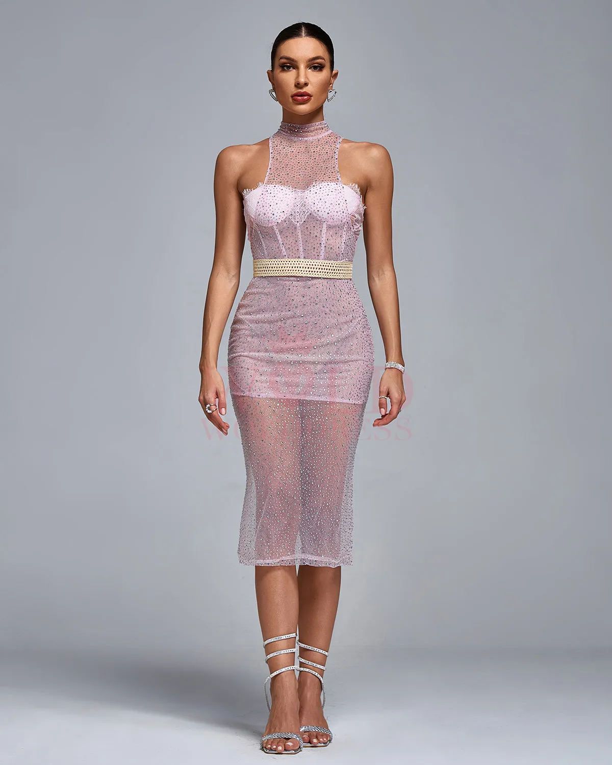 High Neck Gypsophila Crystal Gown With Braided Belt