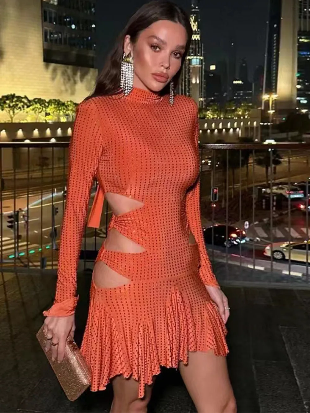 High Neck Long Sleeve Rhinestone Mini Dress KLYF1214