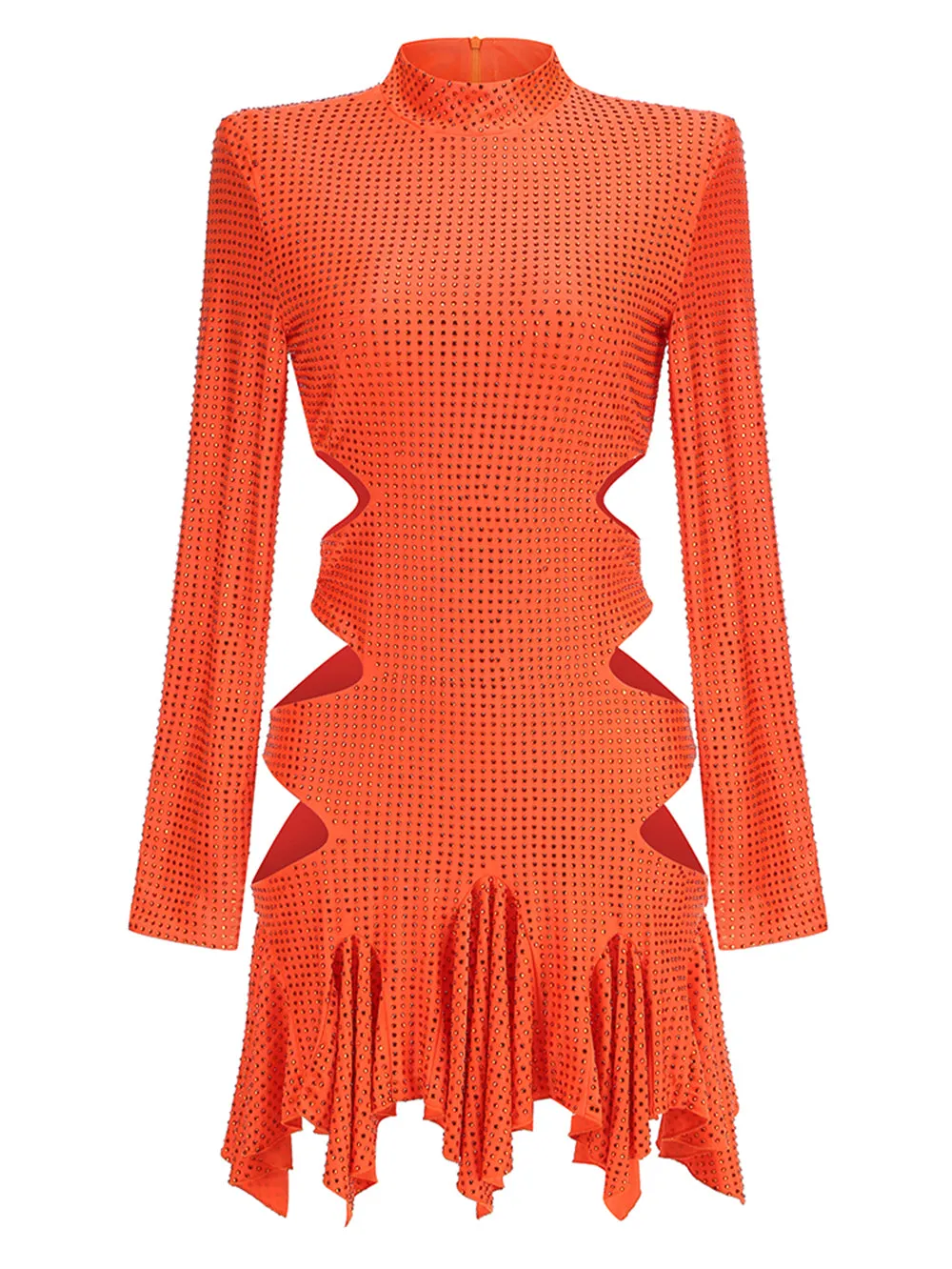 High Neck Long Sleeve Rhinestone Mini Dress KLYF1214