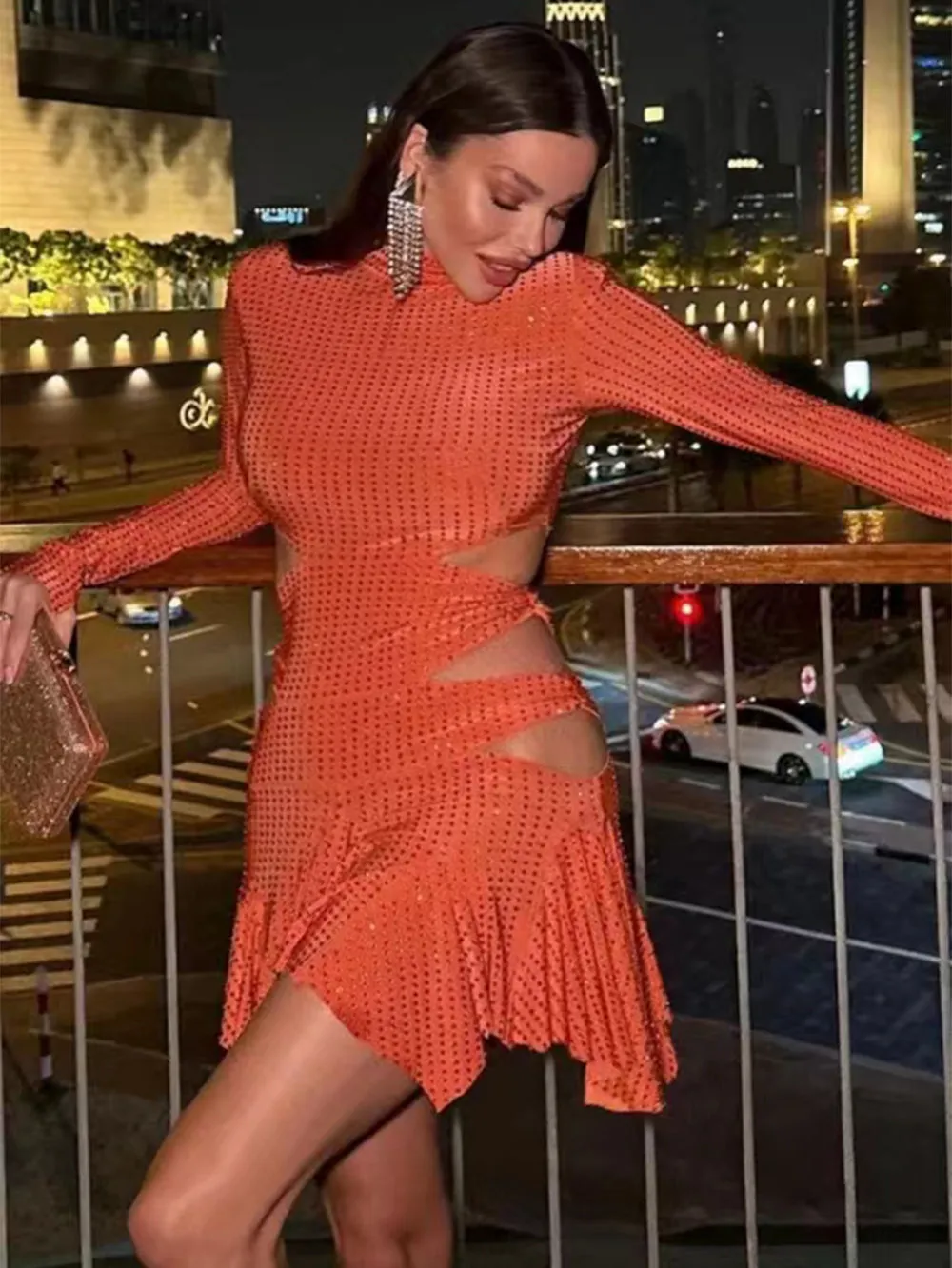 High Neck Long Sleeve Rhinestone Mini Dress KLYF1214