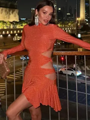 High Neck Long Sleeve Rhinestone Mini Dress KLYF1214