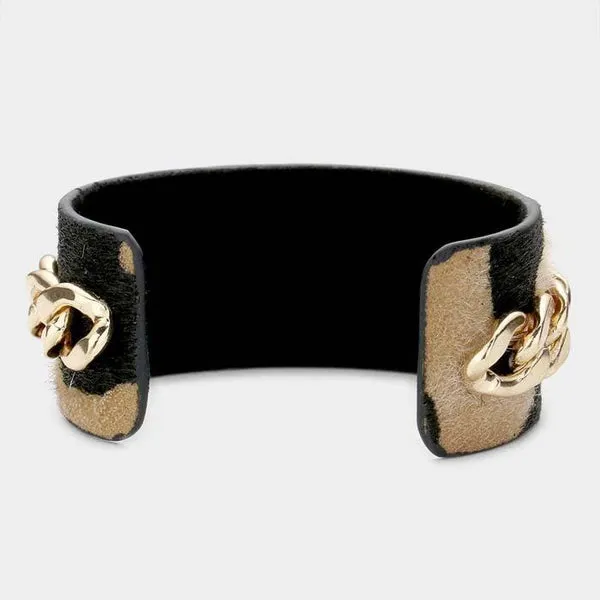 Honey Bee Metal Chain Accented Cow Hide Patterned Cuff Bracelet