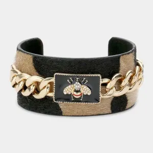 Honey Bee Metal Chain Accented Cow Hide Patterned Cuff Bracelet