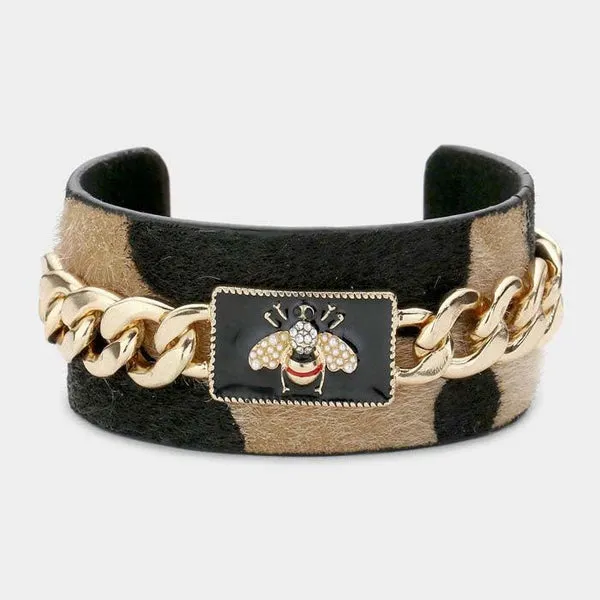 Honey Bee Metal Chain Accented Cow Hide Patterned Cuff Bracelet