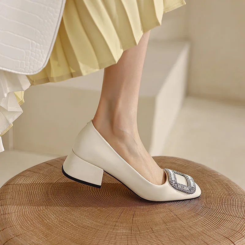 Hope Beige Block Heels with Rhinestones