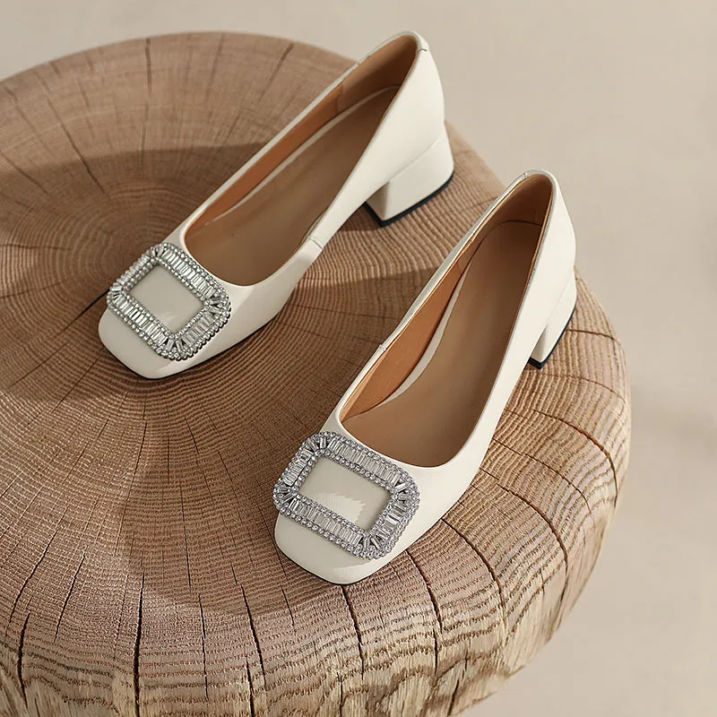Hope Beige Block Heels with Rhinestones