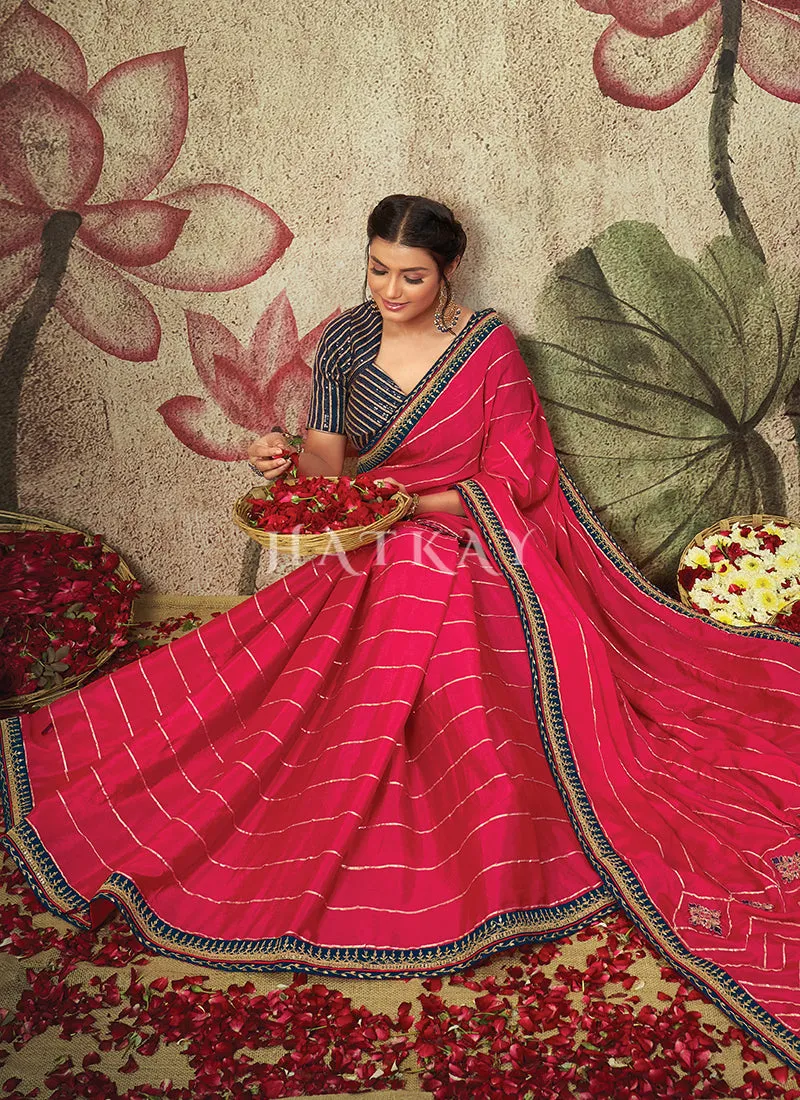 Hot Pink And Blue Embroidery Traditional Chiffon Saree