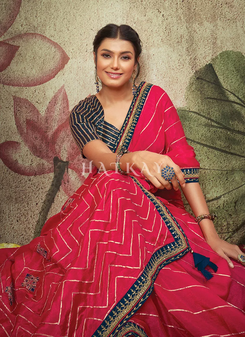 Hot Pink And Blue Embroidery Traditional Chiffon Saree