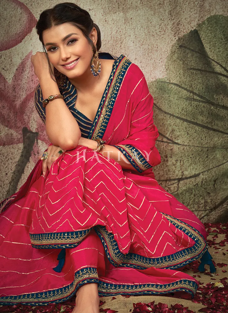 Hot Pink And Blue Embroidery Traditional Chiffon Saree