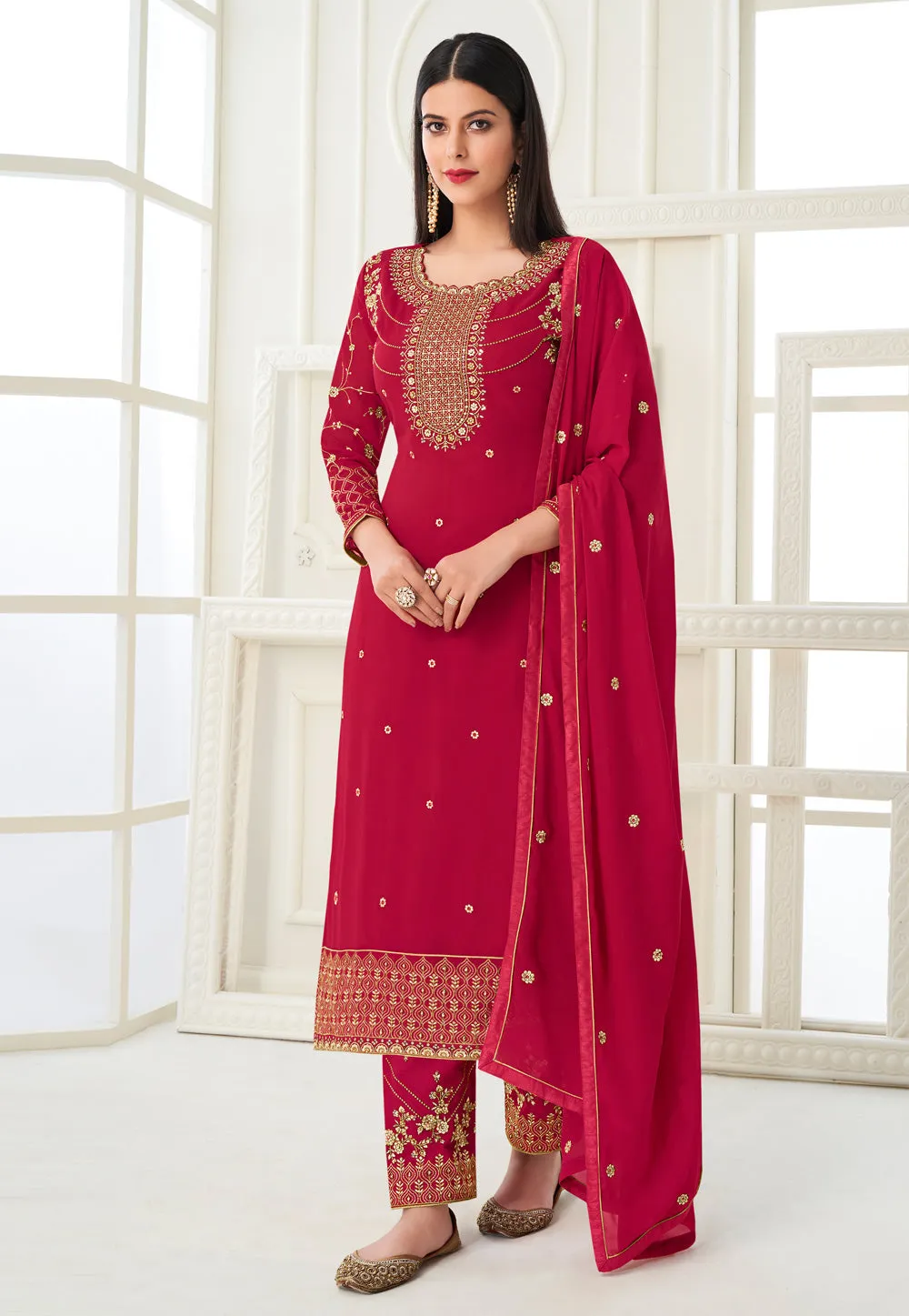 Hot Pink Embroidered Pant Style Suit