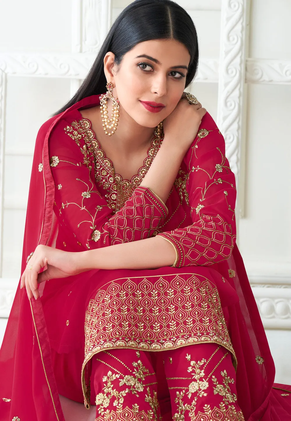 Hot Pink Embroidered Pant Style Suit