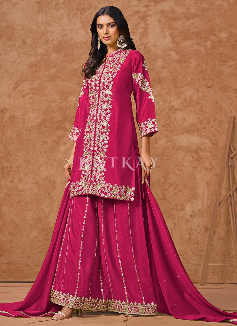 Hot Pink Embroidered Silk Palazzo Suit