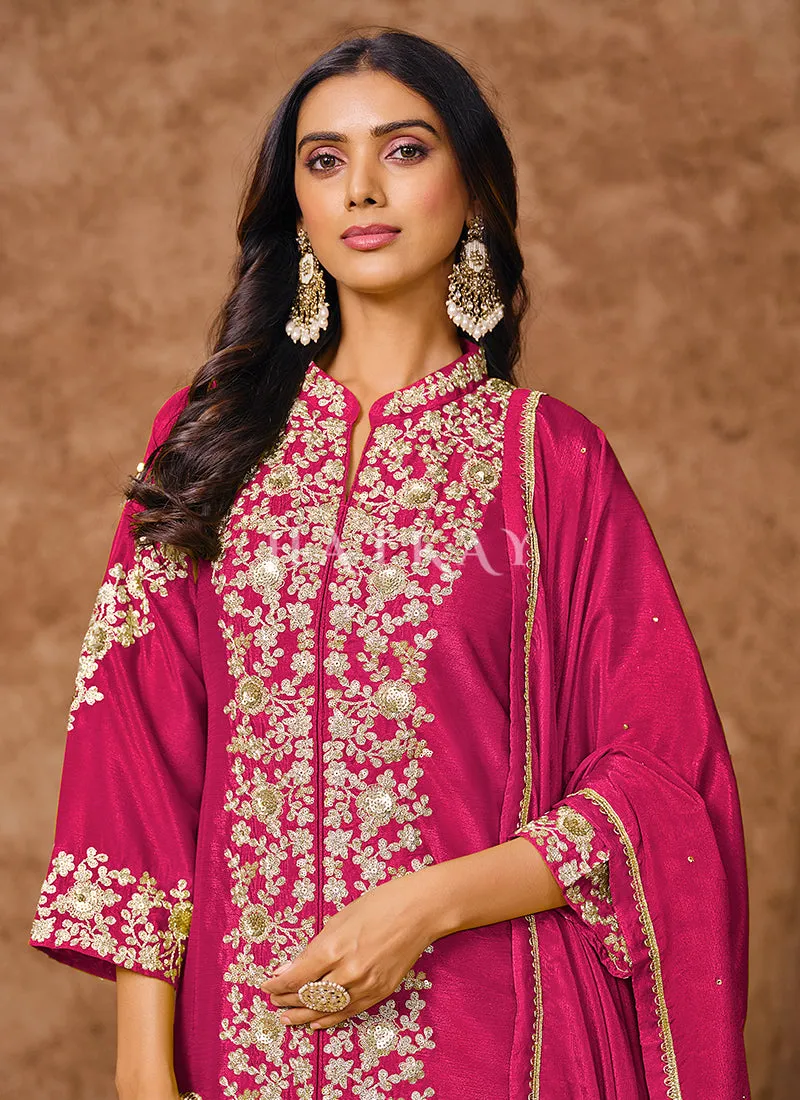 Hot Pink Embroidered Silk Palazzo Suit