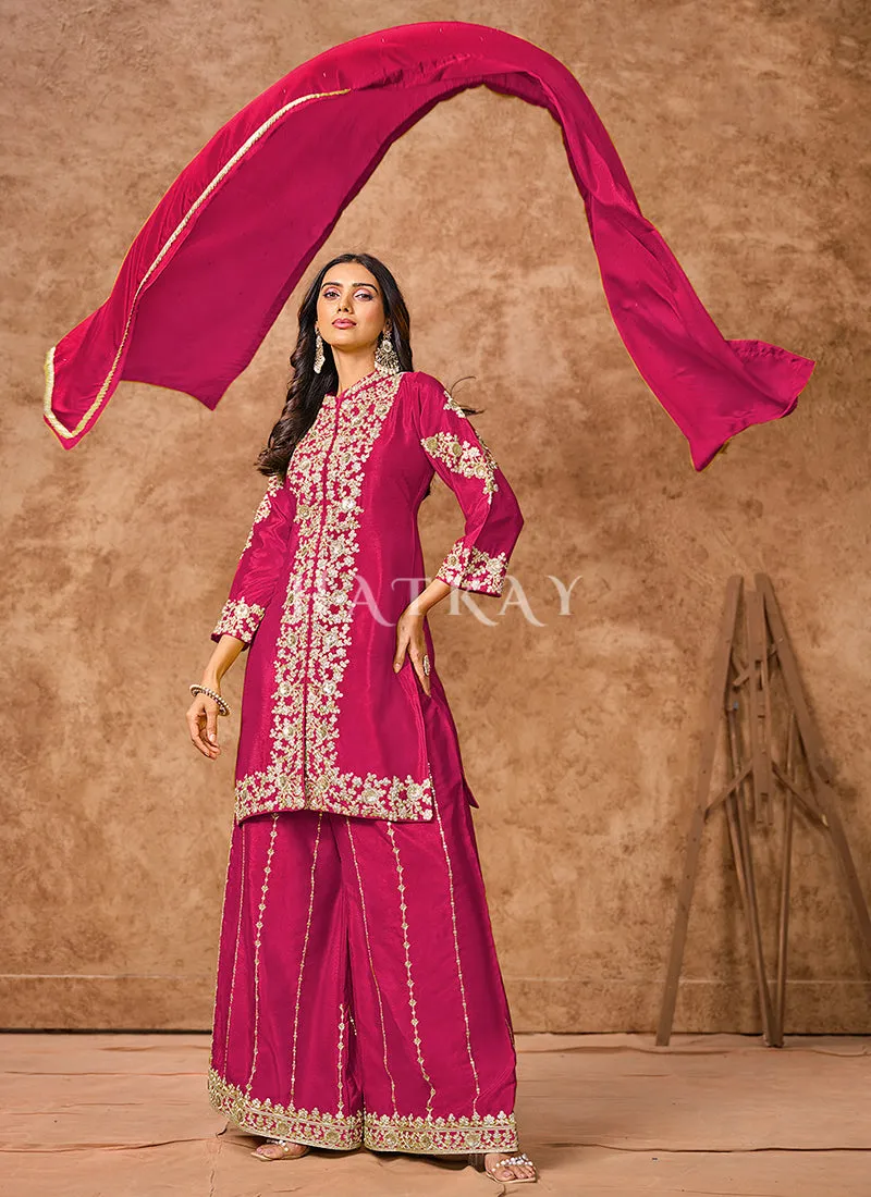 Hot Pink Embroidered Silk Palazzo Suit