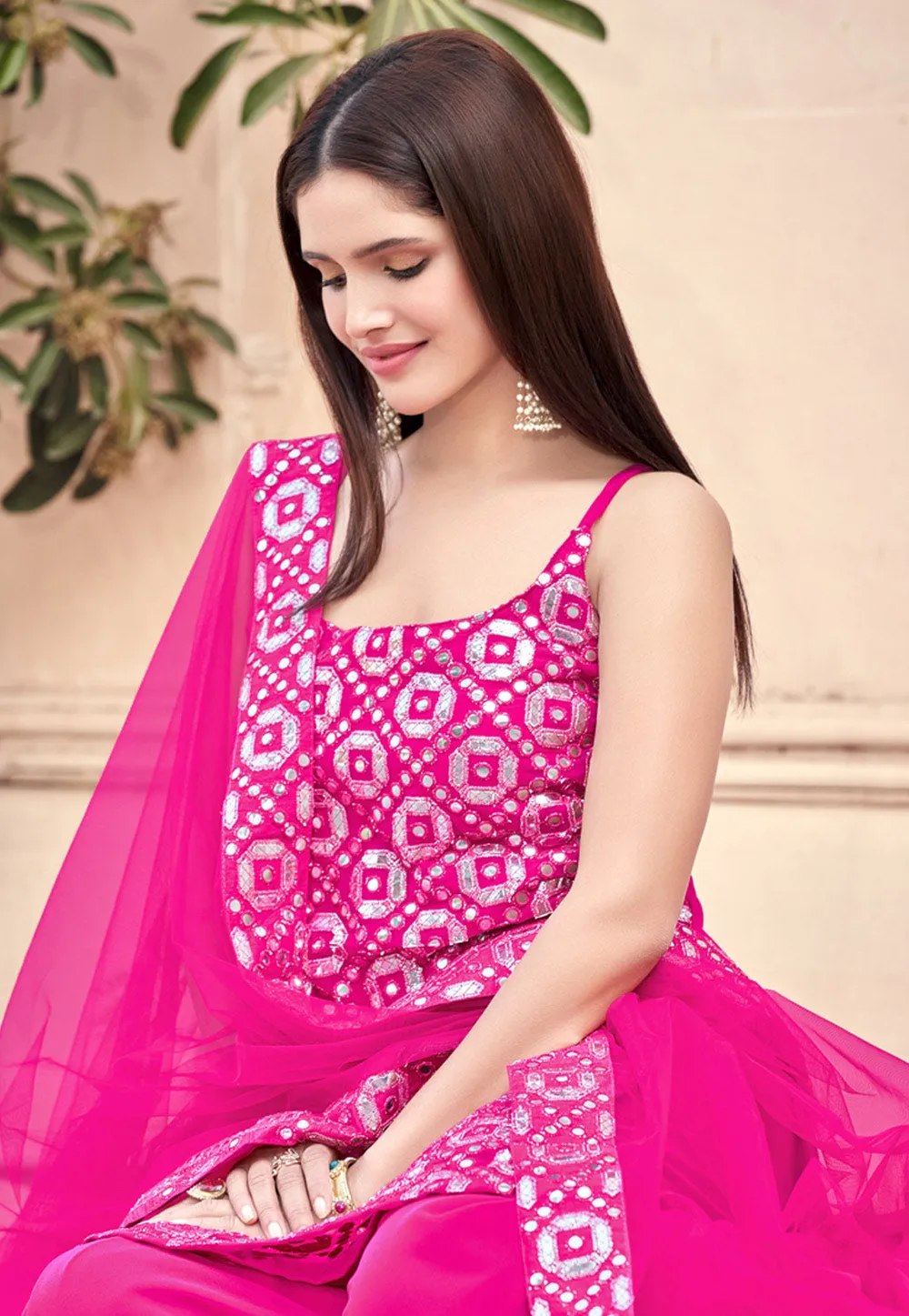 Hot Pink Mirror Embroidered Gharara Suit