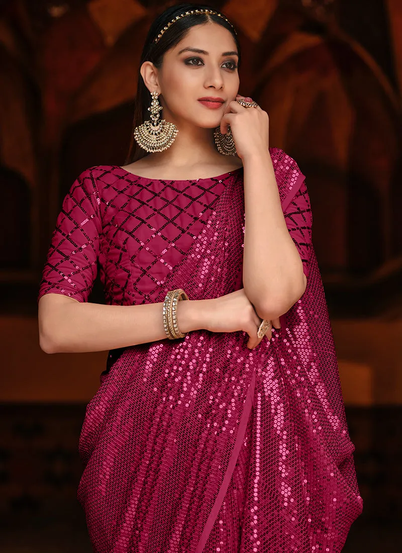 Hot Pink Sequence Embroidered Party Wear Saree