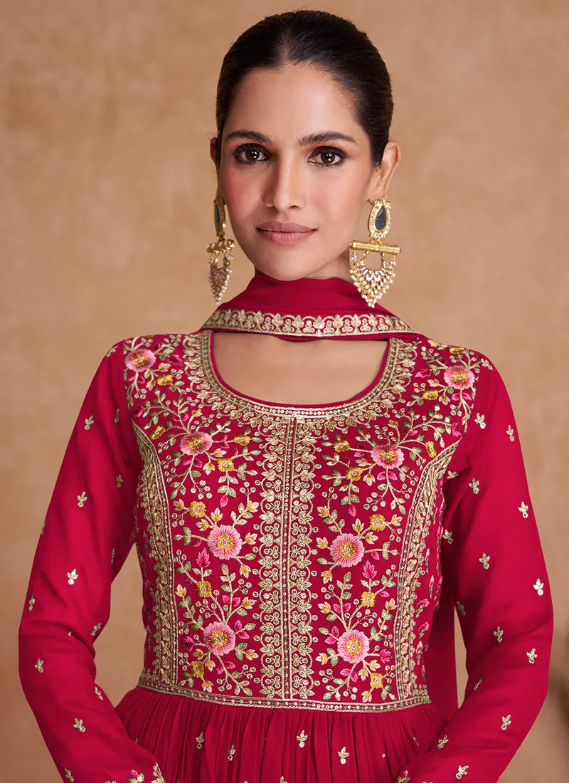 Hot Pink Sequence Embroidery High Slit Palazzo Suit
