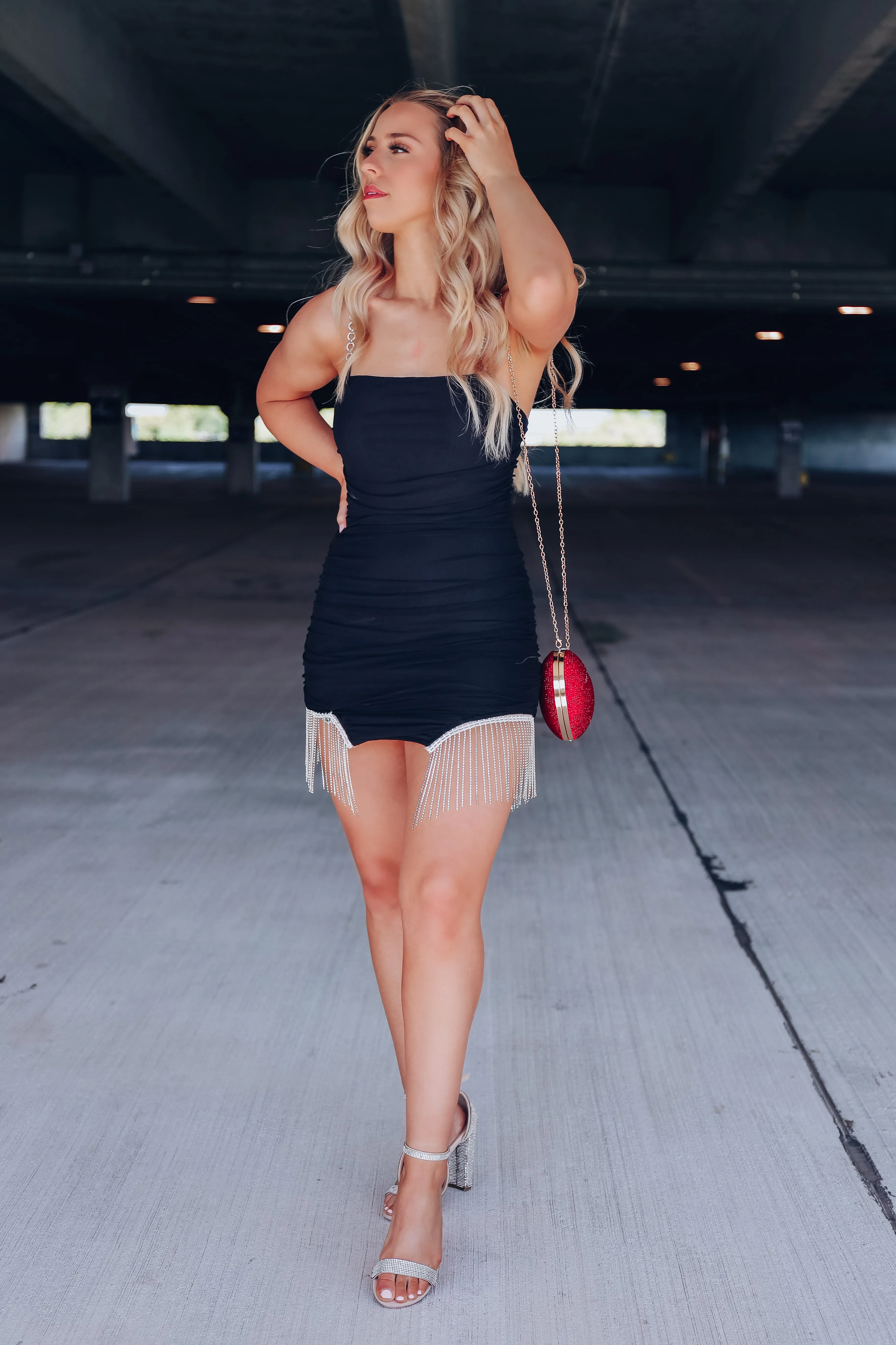 Ignite The Night Rhinestone Ruched Mini Dress