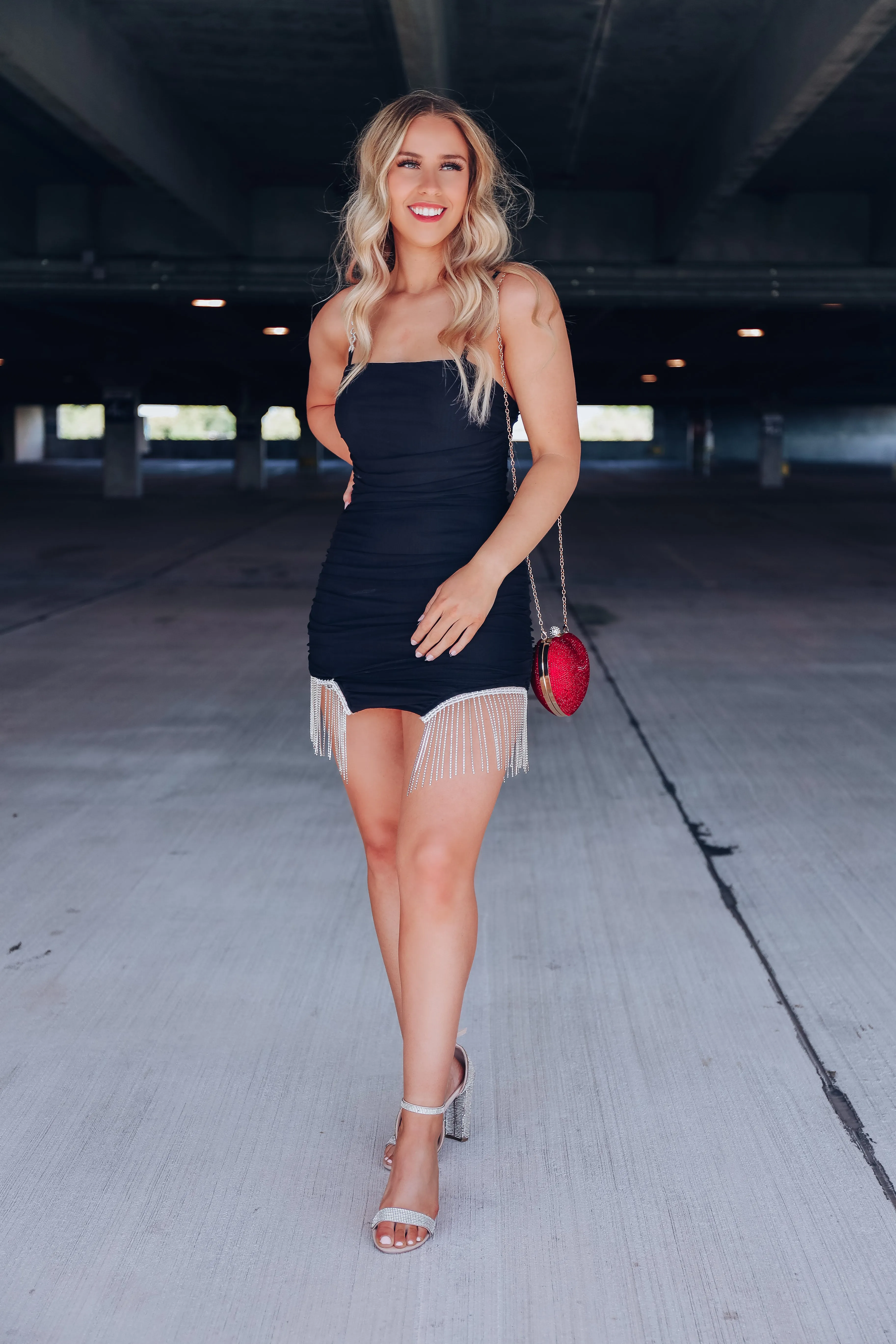 Ignite The Night Rhinestone Ruched Mini Dress