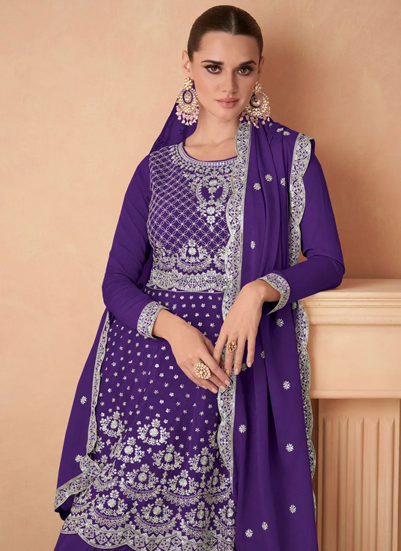 Indigo Purple Sequence Embroidery Peplum Style Gharara Suit