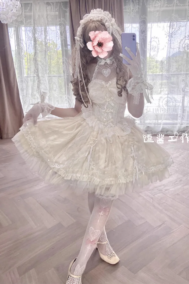 Ivory Ballet Dream Halterneck Ruffle Bowknot Lace Mesh Sweet Lolita Dress