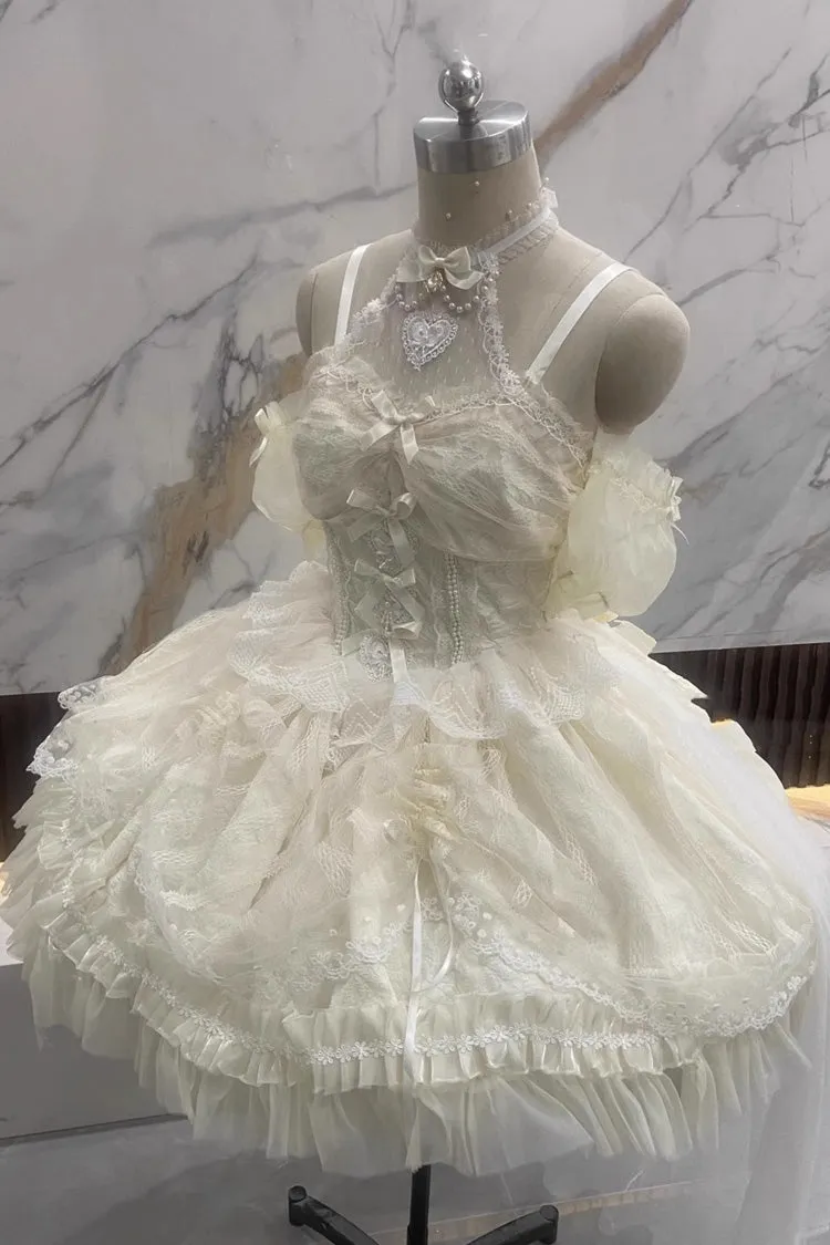 Ivory Ballet Dream Halterneck Ruffle Bowknot Lace Mesh Sweet Lolita Dress