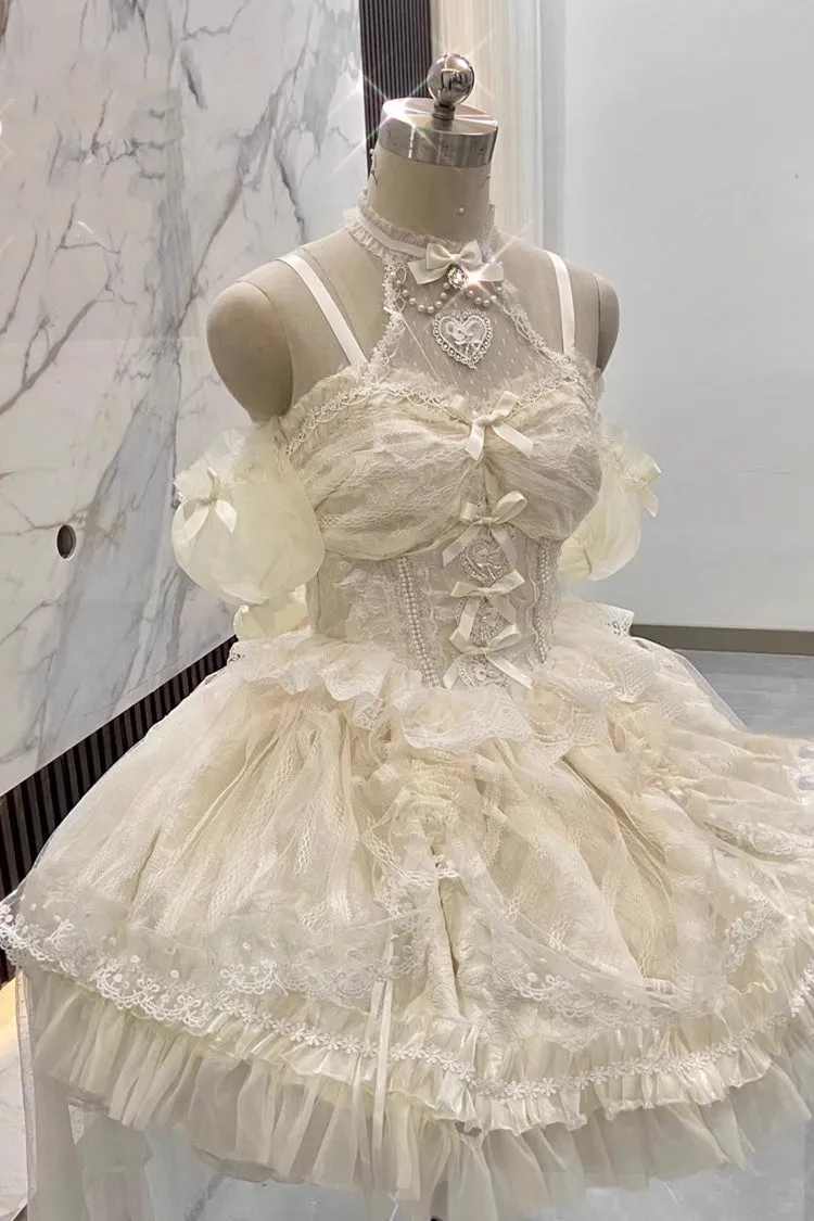 Ivory Ballet Dream Halterneck Ruffle Bowknot Lace Mesh Sweet Lolita Dress