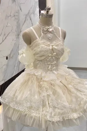 Ivory Ballet Dream Halterneck Ruffle Bowknot Lace Mesh Sweet Lolita Dress