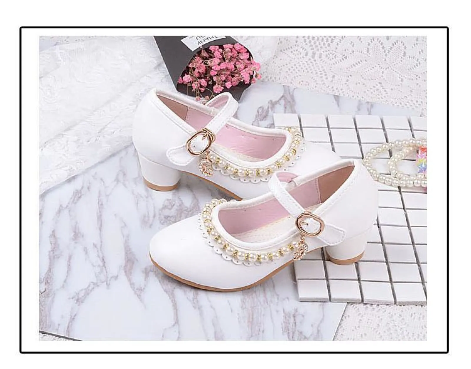 Ivory / Pink Leather Rhinestone Pearls Wedding Flower Girl Shoes High Heels Princess Shoes