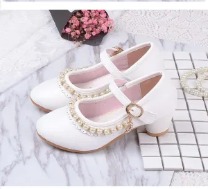 Ivory / Pink Leather Rhinestone Pearls Wedding Flower Girl Shoes High Heels Princess Shoes