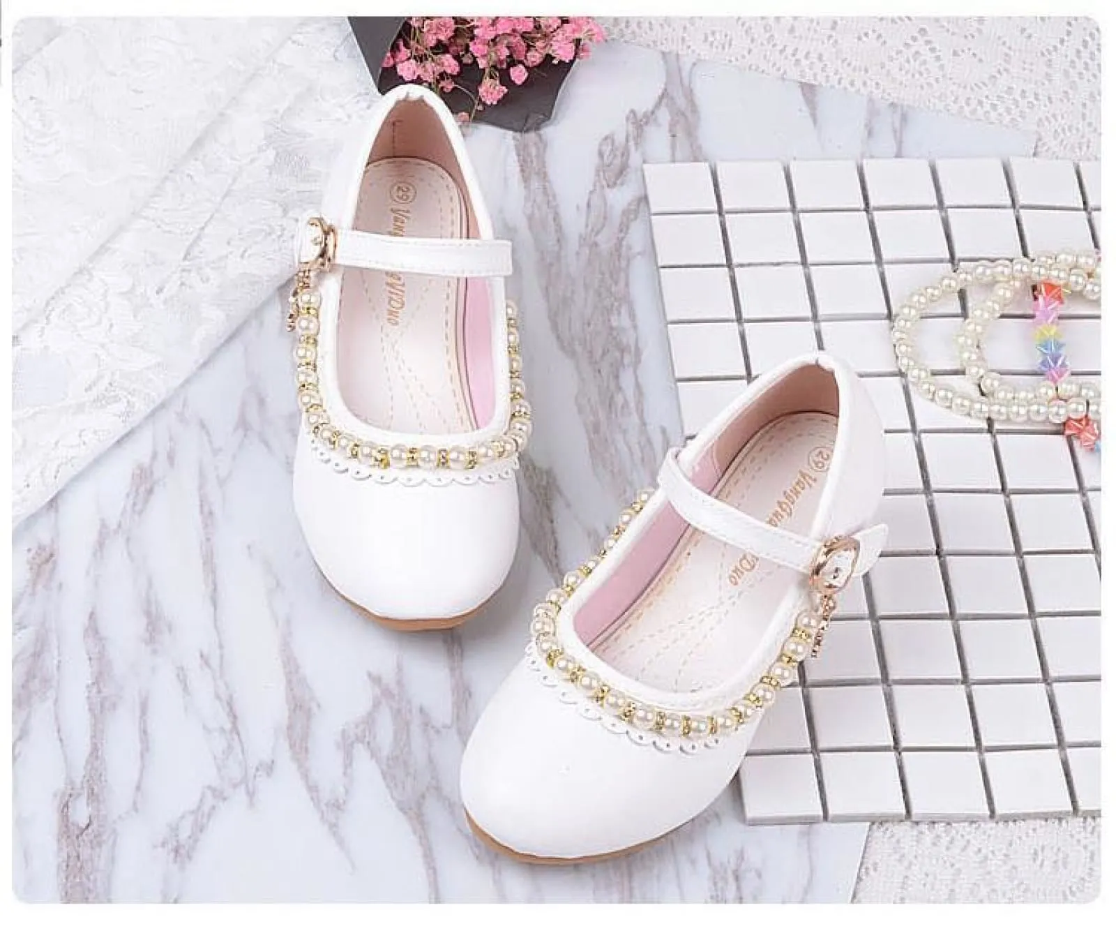 Ivory / Pink Leather Rhinestone Pearls Wedding Flower Girl Shoes High Heels Princess Shoes