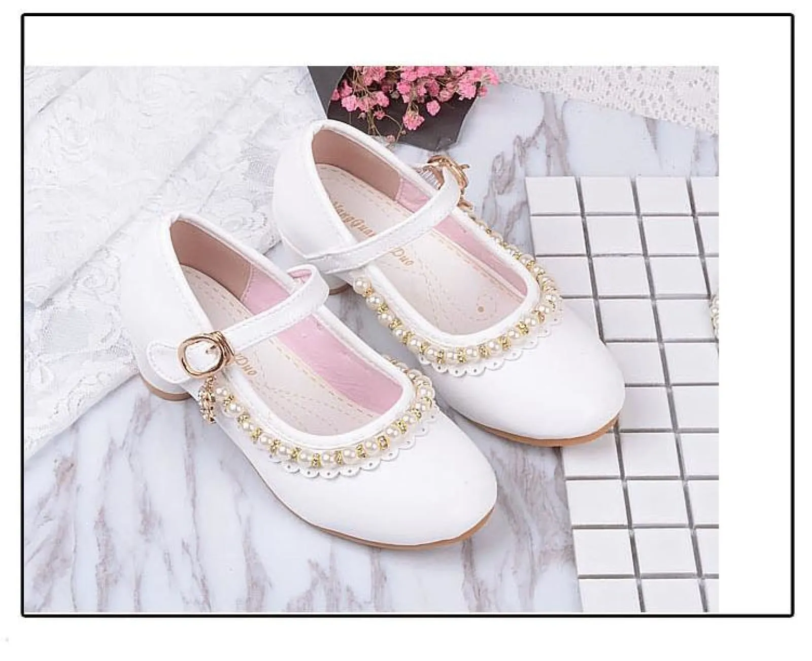 Ivory / Pink Leather Rhinestone Pearls Wedding Flower Girl Shoes High Heels Princess Shoes