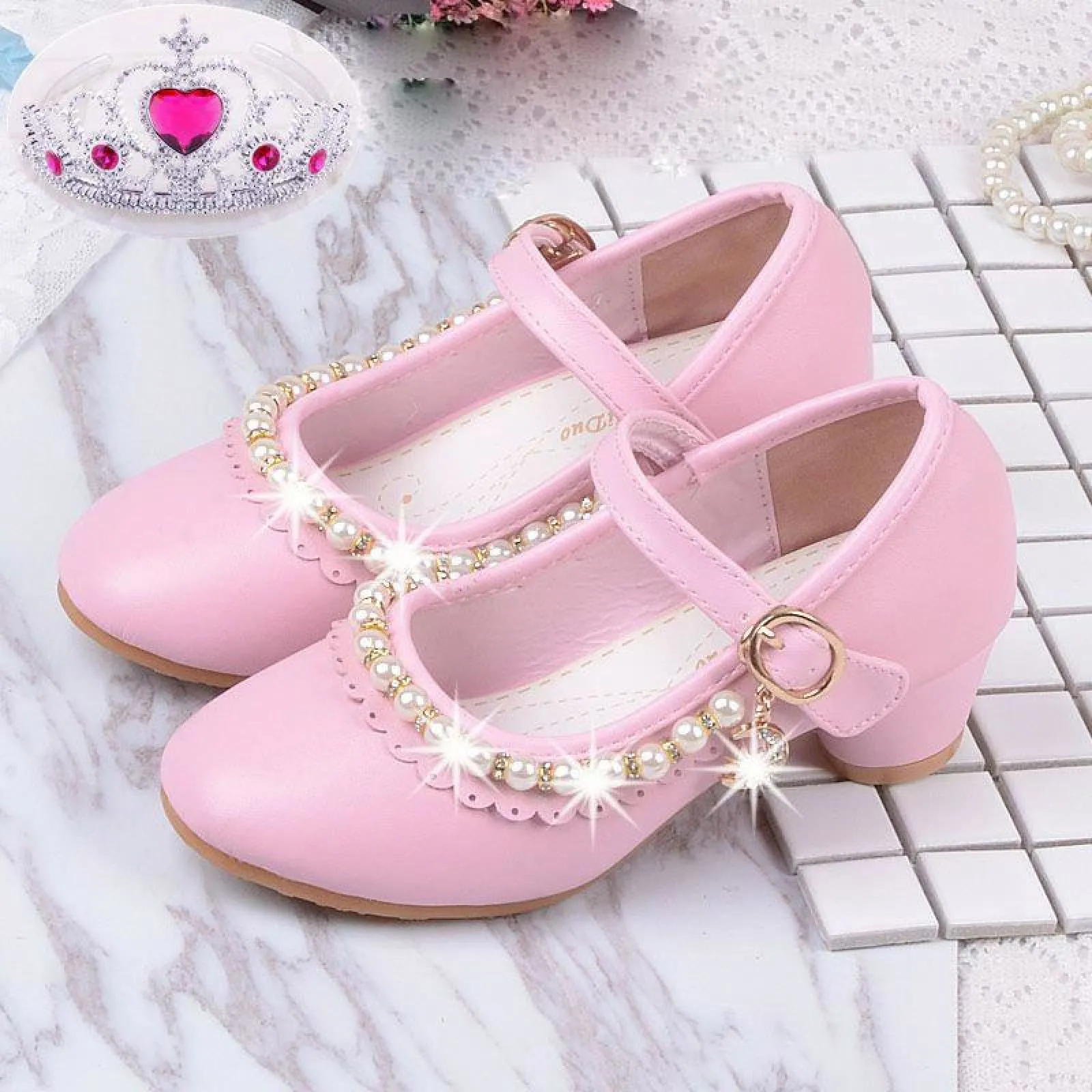 Ivory / Pink Leather Rhinestone Pearls Wedding Flower Girl Shoes High Heels Princess Shoes