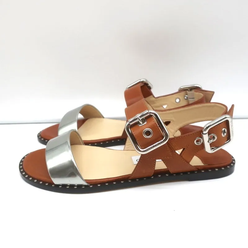 Jimmy Choo Astrid Buckle Sandals Tan/Silver Leather Size 37 Slingback Flats NEW