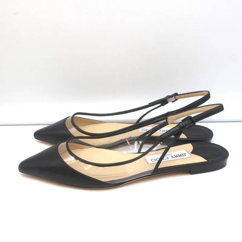 Jimmy Choo Erin Slingback Flats Black Leather and Clear PVC Size 37.5 NEW