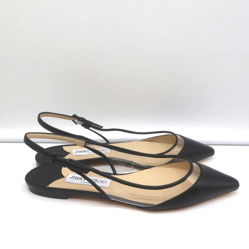 Jimmy Choo Erin Slingback Flats Black Leather and Clear PVC Size 37.5 NEW